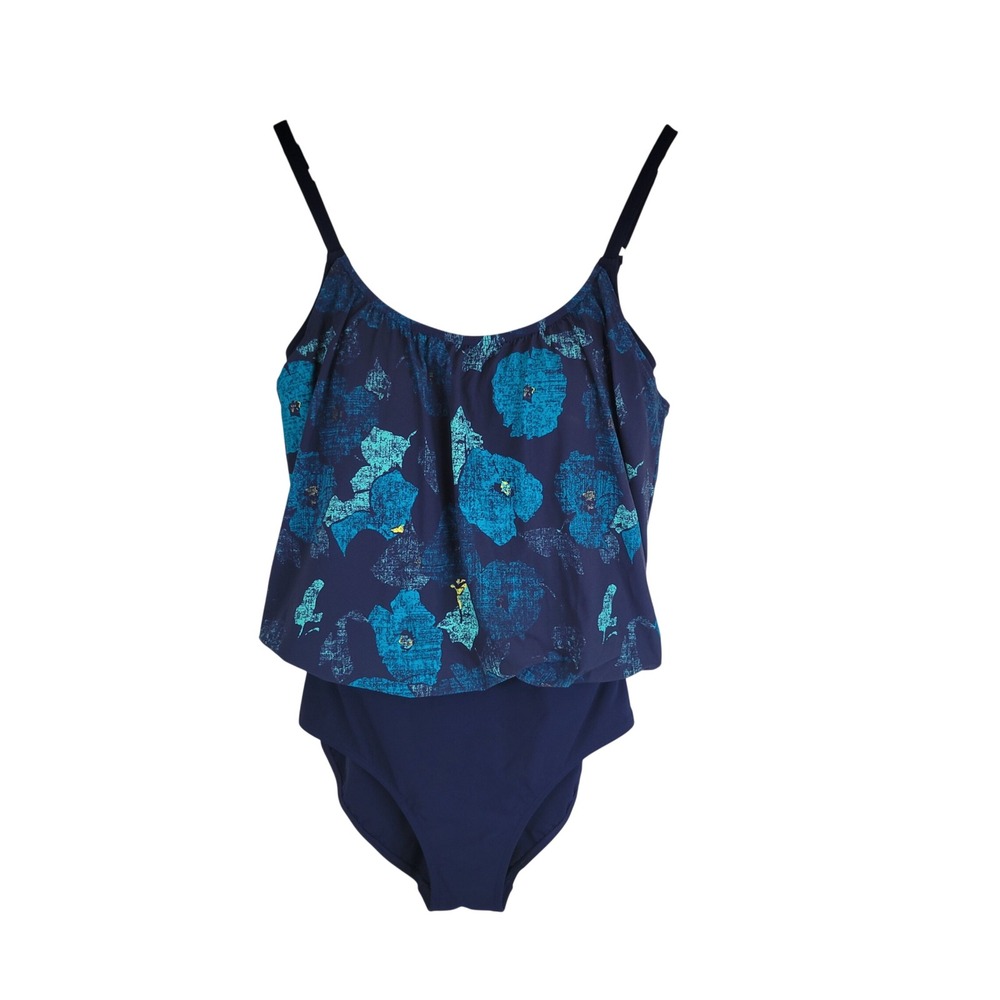L.L. Bean One Piece Swimsuit Blue Floral Size 12 Regular UPF‎ 50 Plus Navy